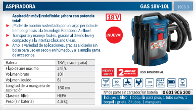 Aspiradora de polvo Inalámbrica Bosch GAS 18V-10 L Premium, 18V SB