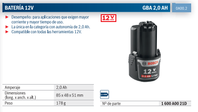 Batería de iones de litio 12V Bosch GBA 12V 2,0 Ah