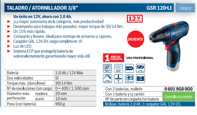 Taladro Atornillador Bosch GSR 120-LI 12V 2 baterias y maletín
