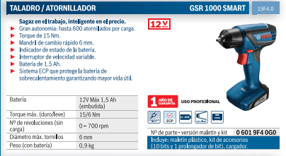Gsr 1000 Smart Taladro Atornillador Batería Bosch