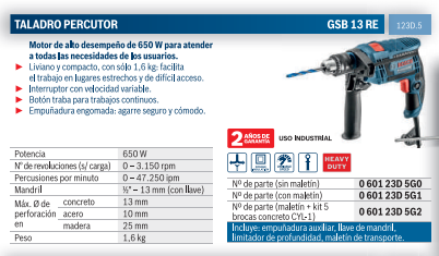 Taladro Bosch Gsb 13 Re 13mm 650w C/maletin