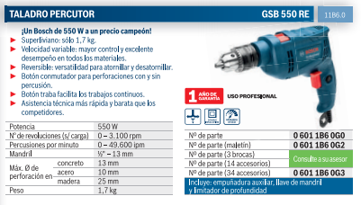 Taladro Percutor Bosch GSB 550 RE 550W 127V - TODO INDUSTRIAS