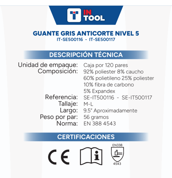 Guante Anticorte Nivel 5 Gris – Caja x120 unidades - Image 3
